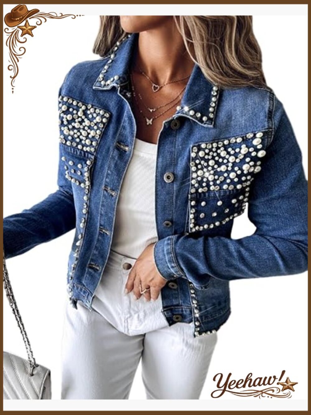 Pearl Rhinestone Embellished Cropped Denim Jacket Blazer Coat